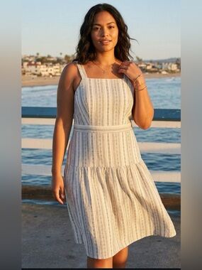 First Monday Striped Sleeveless Tiered Dress in Cream and Black PTP 16’ L 51’NWT